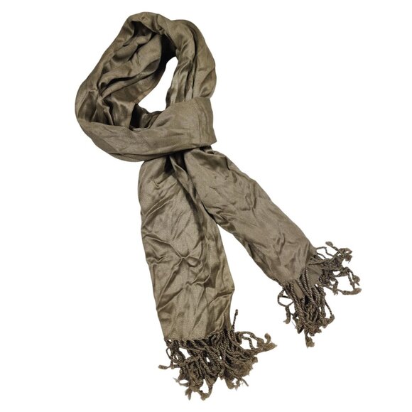 Taupe Gray Fringe Scarf Lightweight Soft Drape Minimalist Boho Festival Wrap - Picture 3 of 7